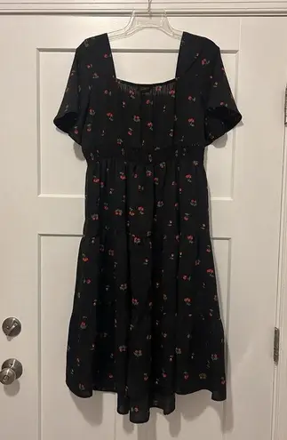 Bloomchic Black Midi Dress With Cherry Print Gathered Bustline Women’s Size 12