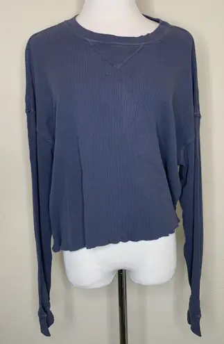 Blue Oversized Cropped Thermal Shirt Top ? Large