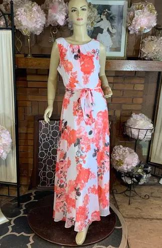Chetta B CORAL, WHITE AND GRAY FLORAL PRINT CHIFFON MAXI DRESS (12)