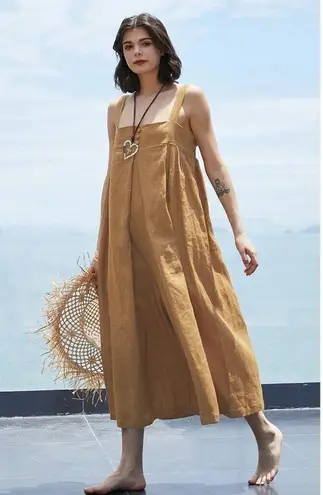 NEW Linen Relaxed Fit Cotton Sleeveless Loose Jumpsuit Adjustable Strap L Orange Size L