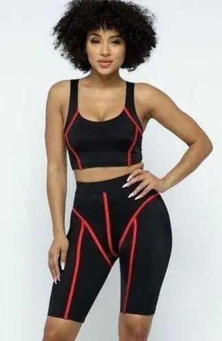 Biker Set. Contrast binding crop tank and biker shorts set. Black and red. Small