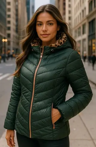 Big Chill Quilted Down Coat Dark Green Leopard Faux Fur Hood Streetwear City Y2K Size L