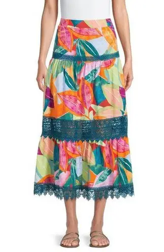 Tropical Skirt Floral Tiered Maxi Lace Trim M Medium New Green