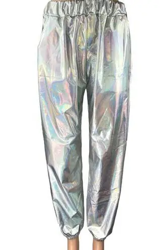 Women's Silver Metallic Irredescent Glossy Tapered High Waist Jogger Pants Sz L Size L