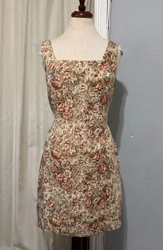 Vintage 90s RESCALA Linen Floral Square Neck Sleeveless Mini Dress Size 12 White