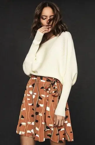 Reiss Abigail Tie-Waist Rust Brown Abstract Print A-Line Skirt Tan Womens Size 0