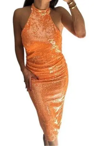 NEW Caroline Constas Bright Orange High Neck Sequin Midi Dress Size Medium