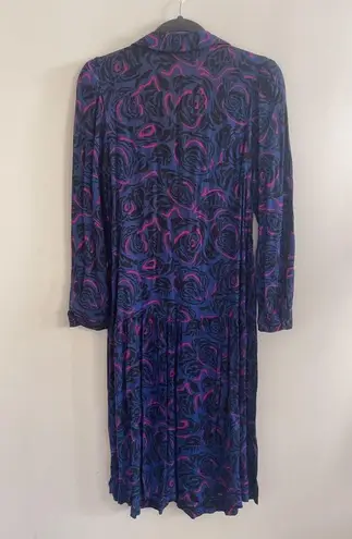 Vintage 80s Harvey Celler Blue Pink Rose Floral Drop Waist Dress w Neck Tie M Size M