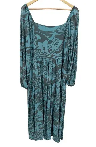 Ava & Viv Dress Women 1X Blue Grey Marbled Print Long Sleeve V-Neck Ruched Maxi