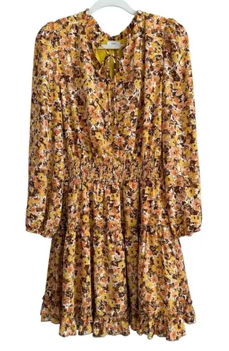 VOY Patricia Women's Tied Ruffle Accent Long Sleeve Swing Mini Dress Size Large Brown