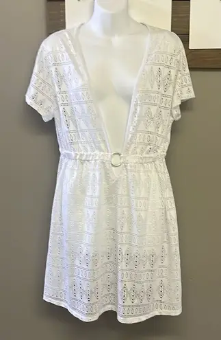 Tropical Escape White Eyelet Swim Plunging V-Neck Coverup w/Shirt Sleeves- 1X