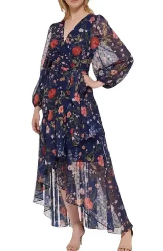 Eliza J Floral Chiffon Surplice Asymmetric Midi Dress Navy Size 8 NWT