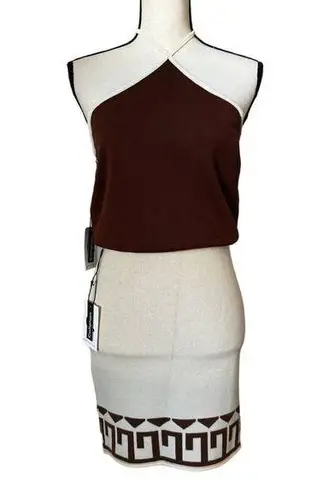 NWT Callahan Knitwear Womens Cream Brown Halterneck Crop Top Skirt Set Size S