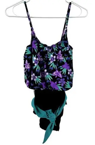 L.L.Bean Vintage  One Piece Swimsuit Freeport, Maine Floral Tank Belted Purple L