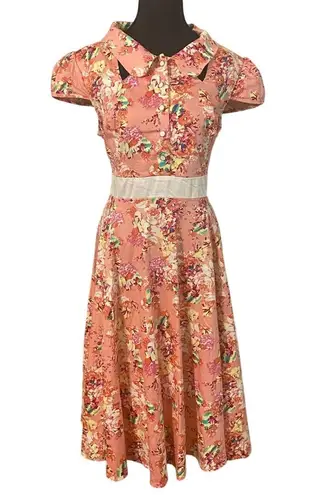 Hearts & Roses London Pink Floral Retro Dress Sze 14 Tradwife Rockabilly Pinup