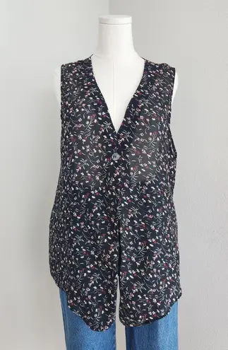 Vintage 90s Black Floral Sleeveless Vest Cardigan Top Grunge Cottage Blouse M Size XL