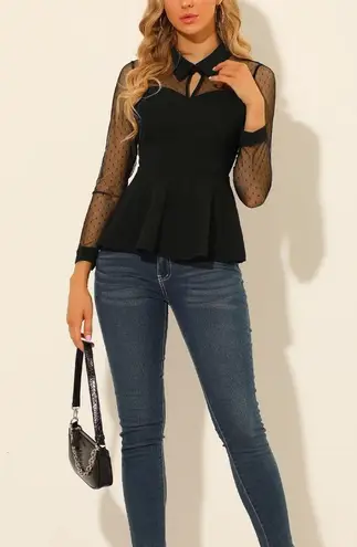 Allegra K Black Sheer Sleeve Top Peplum Bottom Sz M Extra Button Polyester Blend