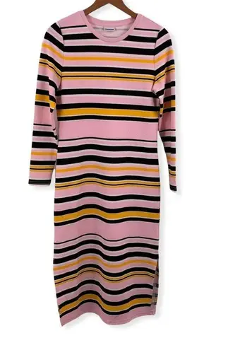 Noisy May  Pink Striped Long Sleeve Midi Dress Med