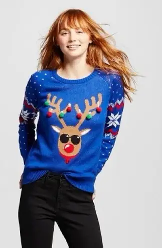 Ugly Christmas Sweater Bright Blue Reindeer Pom Pom Cozy Holiday