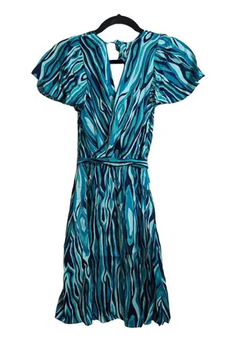 Trina Turk NWT  Planetary 2 Abstract-Print Faux-Wrap Dress Wavy Blue Teal V-Neck