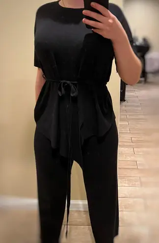 Two Piece Knitted Set Knitted Pants Knitted Top Flare Pants Wide Leg Pants High Waisted High Rise Adjustable Waist Black