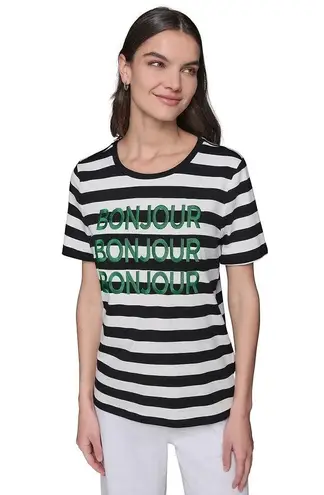 Karl Lagerfeld PARIS Bonjour Striped Tee L 21.5” p2p Black/White NWT