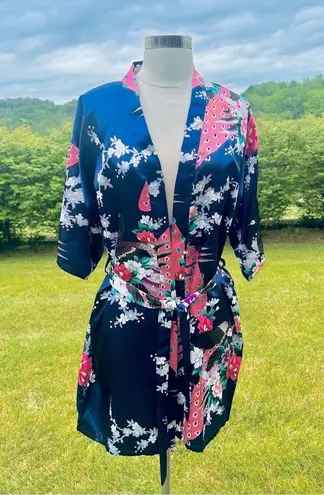 Oriental Village Blue Kimono/Robe with Floral and Peacock Design