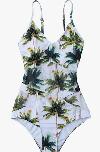 Womens Sexy V Neck Backless One Piece Coconut Palm Tree Print Swimsuit White Size XL