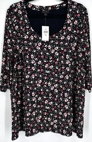 NWT J. Jill Women's Wherever Floral Crew Neck 3/4 Sleeve Blouse Black XL Petite
