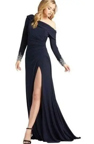 Mac Duggal Ieena 12231A One Shoulder Long Sleeve Jersey Gown SZ 2 Midnight