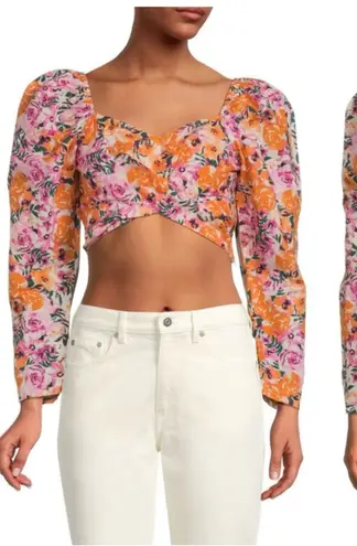 Something Navy Puff Sleeve Floral Crop Top Womens Size XXS Linen Blend NEW