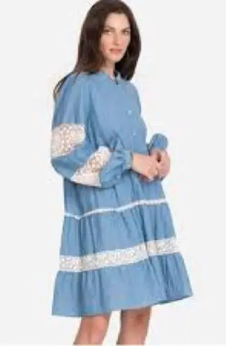 Johnny Was Laguna Pieced Blue Lace Trim Short Dress Large