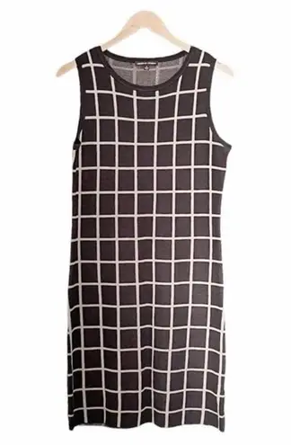 Adrienne Vittadini Sweater Knit Dress Gray Cream Windowpane Plaid Size Medium