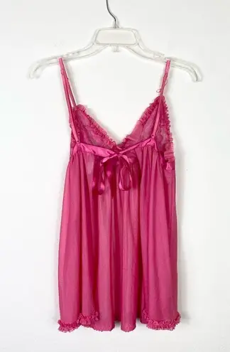 Vintage y2k Avon Hot Pink Ruffled Floral Lace Mesh Open Back Chemise Top Pink Size M