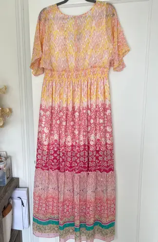 House of Harlow 1960 BOHO RUFFLED TIERED FLORAL PEACH METALLIC MAXI DRESS M NWT