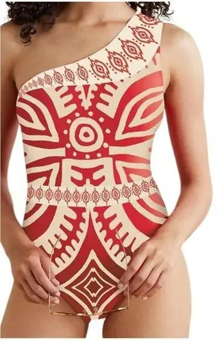 Commsense Orange Cream One Shoulder Abstract Print One Piece Swimsuit XS Beach