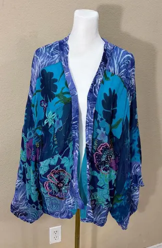 Half Moon Bay Womens Blue Floral Beaded Embroidered Open Kimono Sz L Boho Hippie Size L