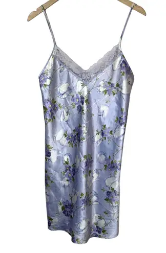 Gilligan & OMalley Floral Satin Slip Nightgown Dress Lace Trim Small Multi