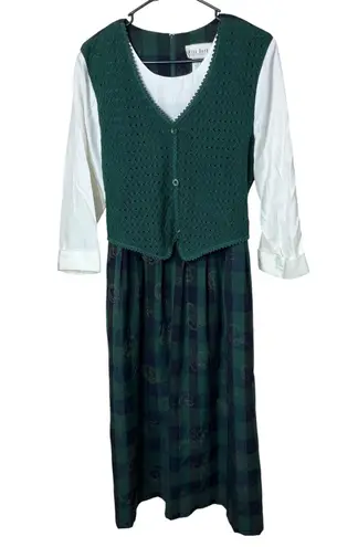 Vintage Miss Dorby Dress Green Plaid Floral Crochet Vest Layered Look Sz 12