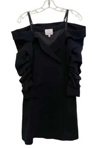 Cinq a Sept Simona Tailored Mini Dress Size 0 Black Off Shoulder Ruched Sleeves Black