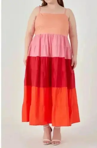 English Factory Pink Red Boho Siena Color Block Spaghetti Maxi Plus Size 3X NWT
