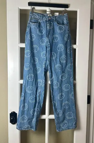 H&M x SMILEY Wide Leg Denim Jeans with Smiley Faces Size 2 Blue