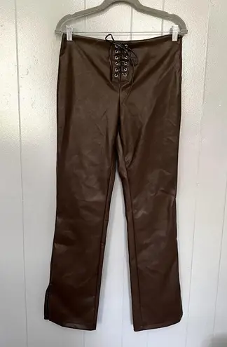 superdown Chocolate Brown Larissa Lace Up Faux Leather Split Hem Pants S