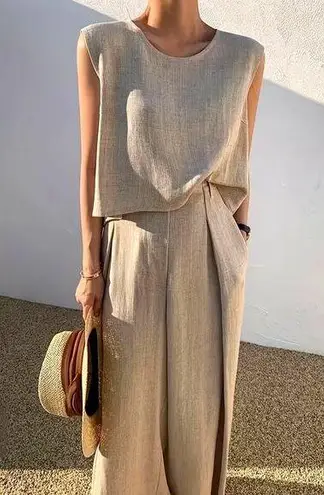Casual Two Piece Sleeveless Crew Neck Pleated Pant Set Khaki 12 Tan