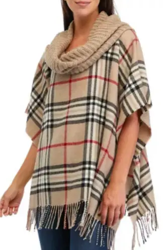 V. Fraas  Plaid Poncho With Cowl Knit Collar