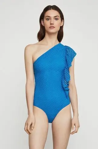 BCBGMAXAZRIA  One Shoulder Ruffle Striped Bodysuit