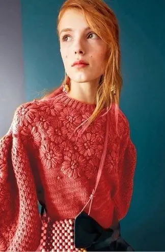 Ulla Johnson Ciel Merino Wool Sweater Floral Hand knit Embroidered Rose Large