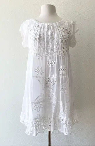 Johnny Was White Eyelet Lace Mini Bay Doll Dress Swim Coverup With Slip Size S