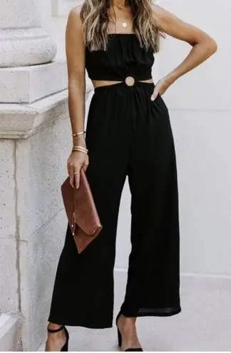 VICI NWOT  Dolled Up Wide Leg Open Back Cut Out Strapless Black Jumpsuit