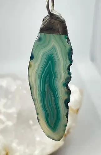 Brazilian Agate Slice Geode Pendant & Black Faux Leather Cord. Handmade